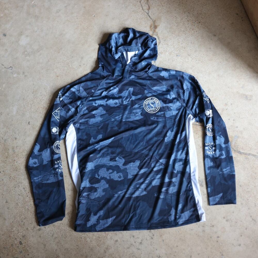 Salty Crew Blue Gray Camo Hooded Performance Fishing Top XL Coastal Nautical